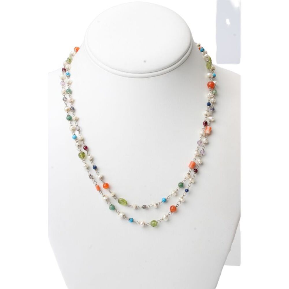 Designer Womens 800 Silver Multigemstone Two Strand Necklace 18"